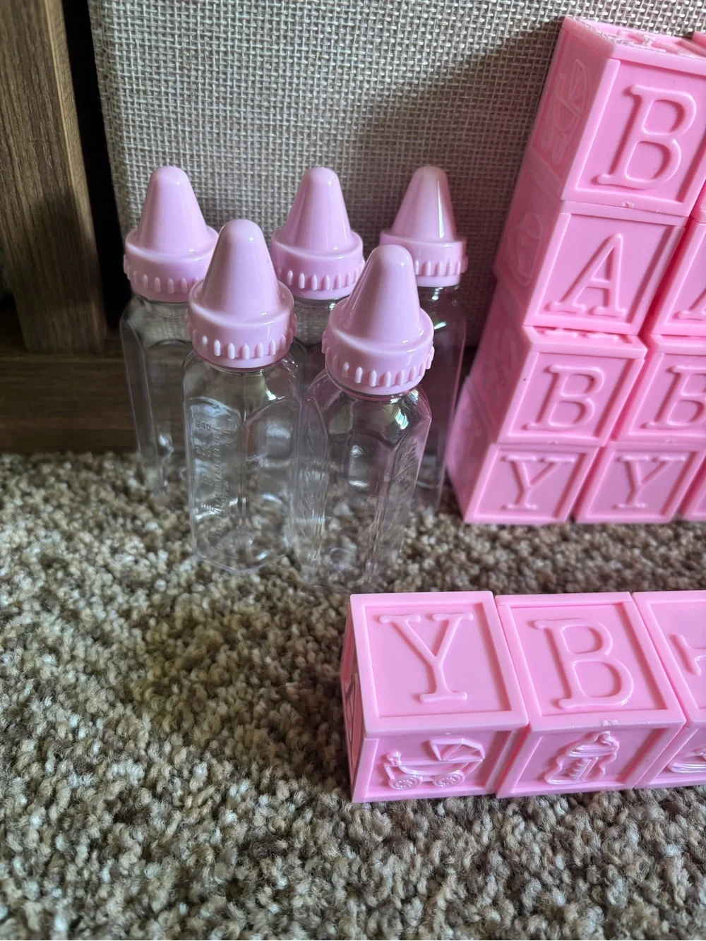 Girl Baby Shower Favor Decorations Pink Baby Letter Blocks and Bottles